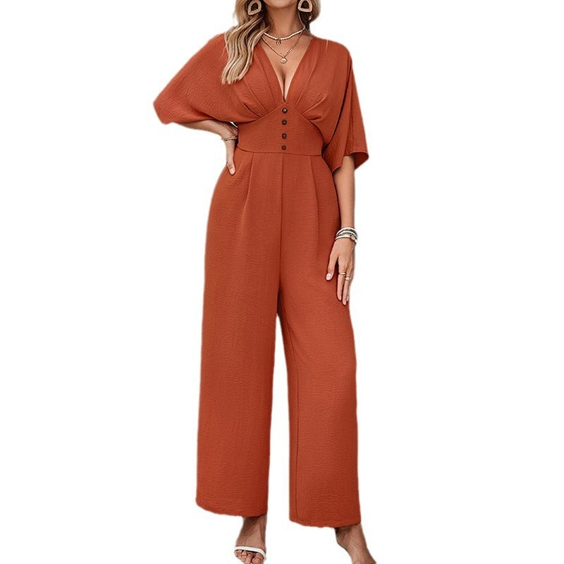 Women's Short Sleeve Casual Jumpsuit – Solid Color
