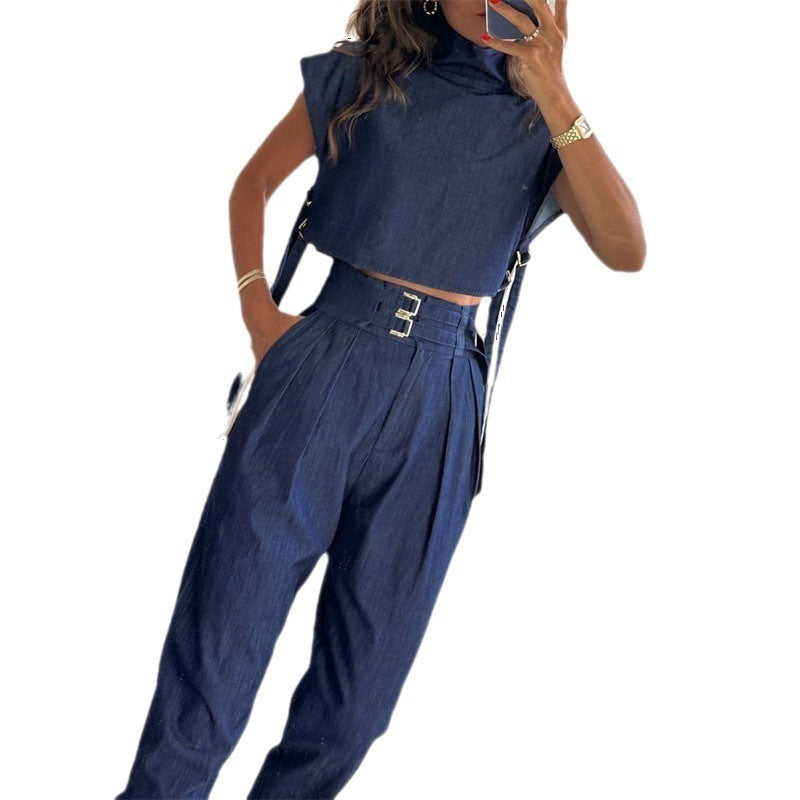 Elegant Turtleneck Suit – Belted, Short Sleeve & Long Trousers