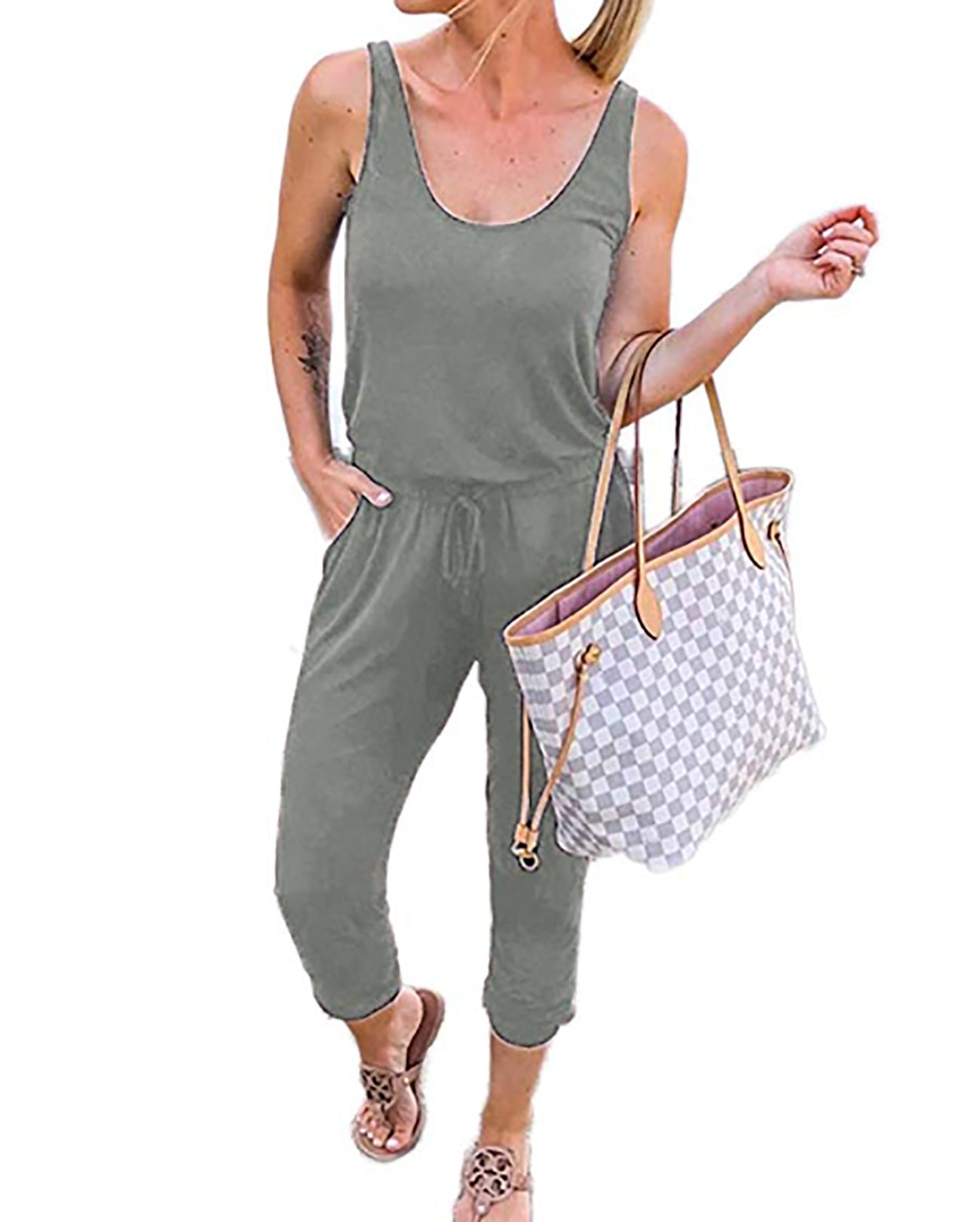 Solid Color Tie-Waist Sleeveless Jumpsuit – Casual & Chic
