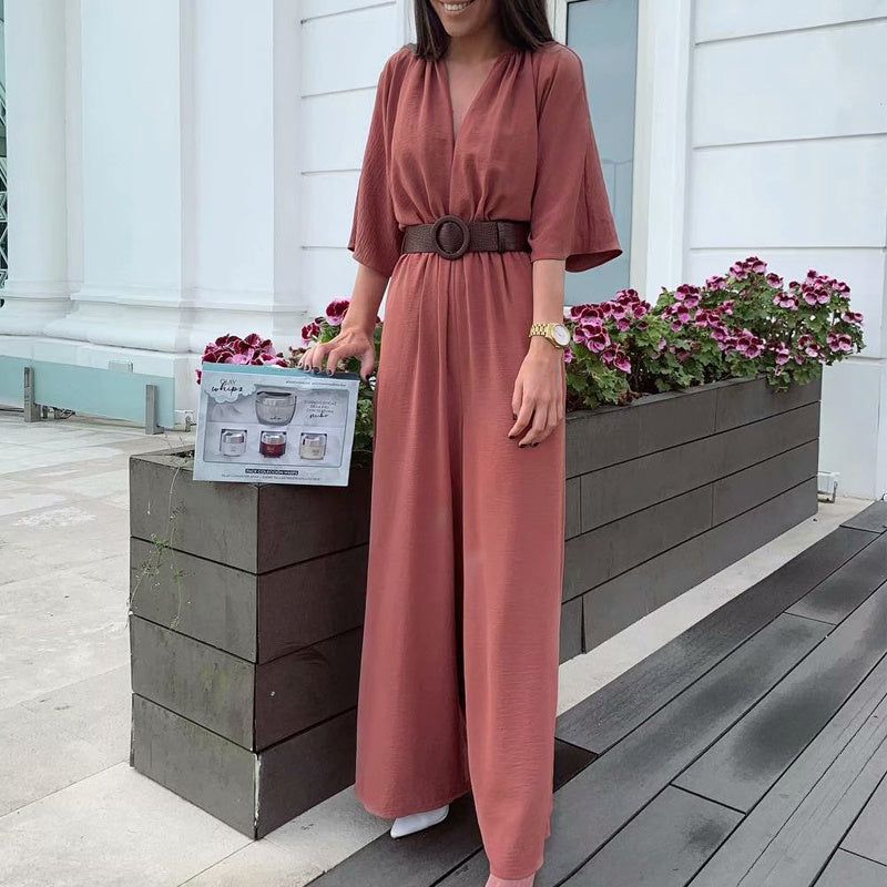 Women's Stand Collar Short Sleeve Jumpsuit with Belt