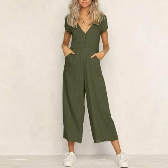 V-neck fashion casual pants button jumpsuit