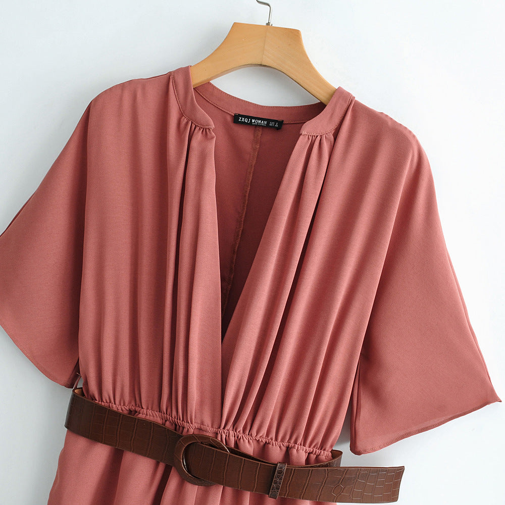 Women's Stand Collar Short Sleeve Jumpsuit with Belt