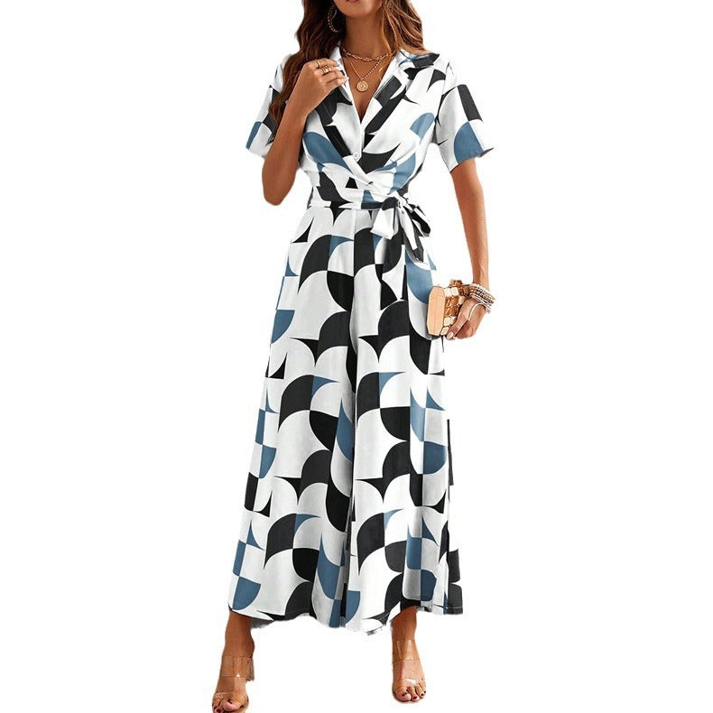 Women's Printed Color Contrast High-Waist Jumpsuit