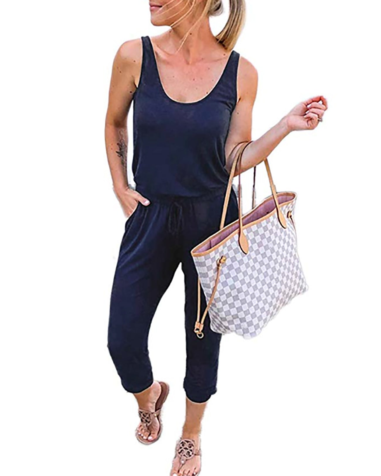 Solid Color Tie-Waist Sleeveless Jumpsuit – Casual & Chic