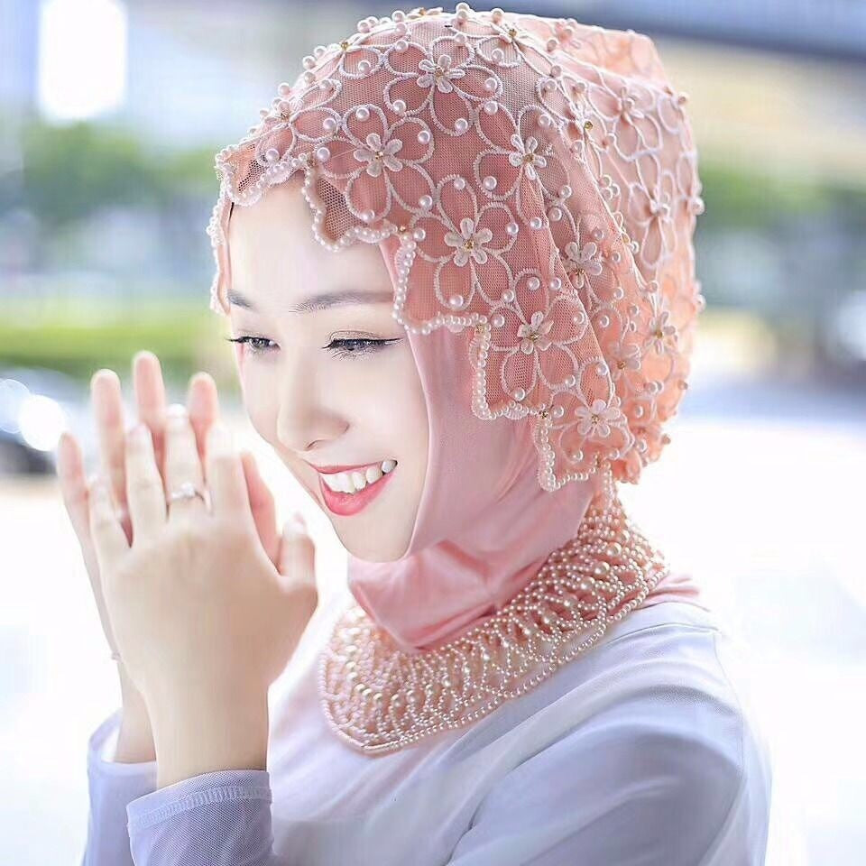 Women's Chiffon Beaded Hijab – Elegant Lace Mesh Scarf