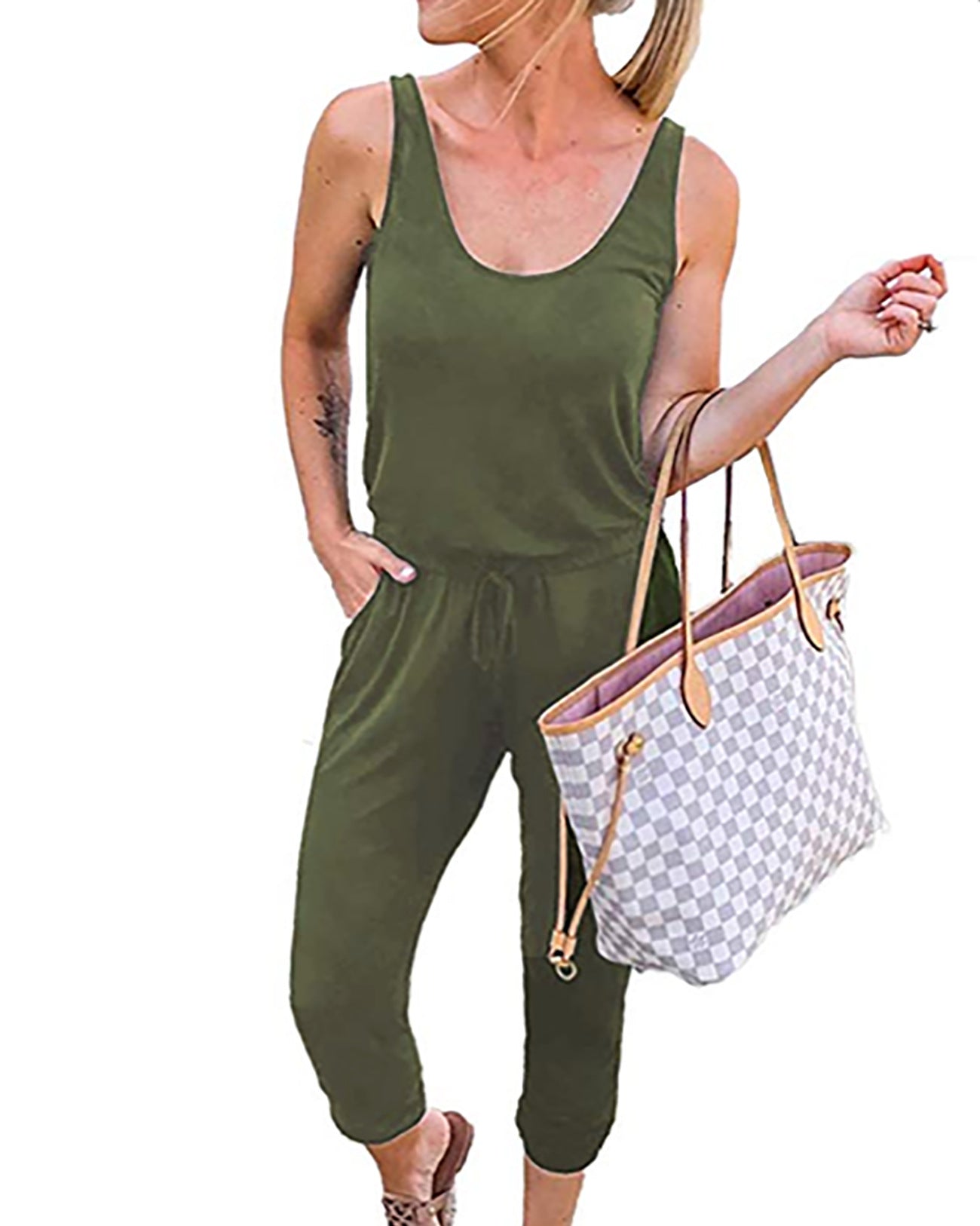 Solid Color Tie-Waist Sleeveless Jumpsuit – Casual & Chic