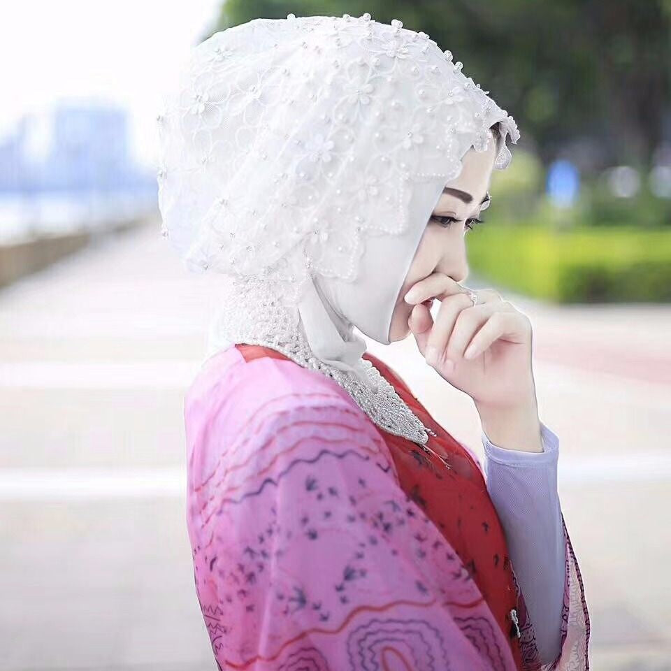 Women's Chiffon Beaded Hijab – Elegant Lace Mesh Scarf