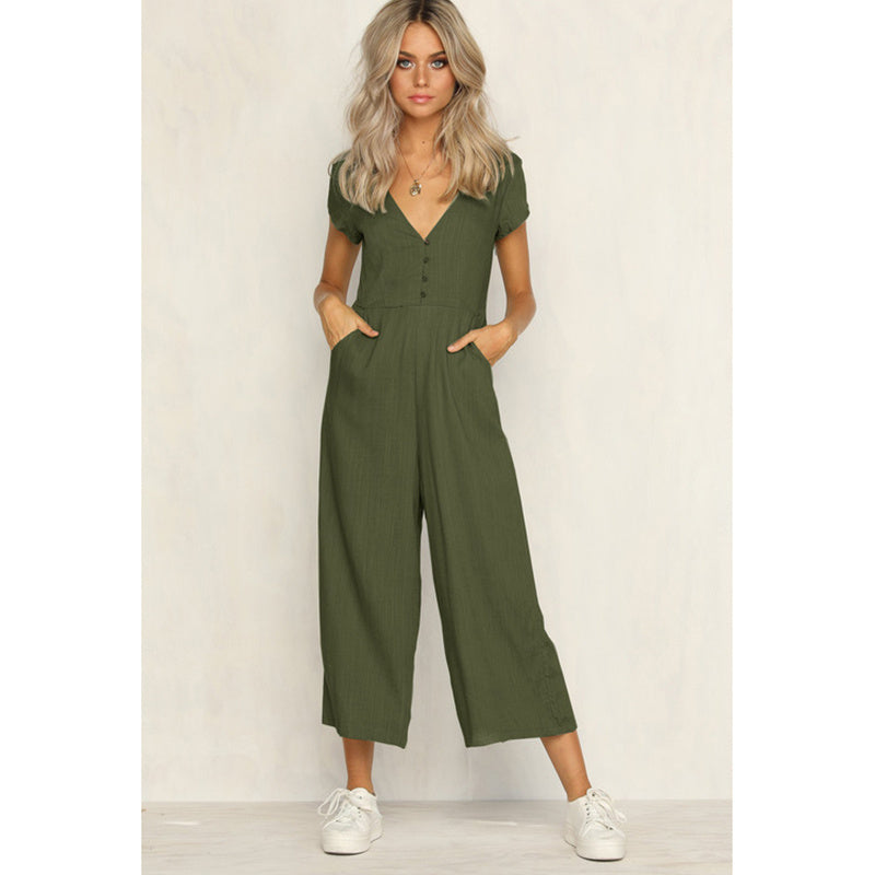 V-neck fashion casual pants button jumpsuit