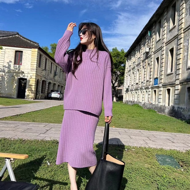 Cozy Half-Turtleneck Sweater Dress – Loose Fit, Sunken Stripes