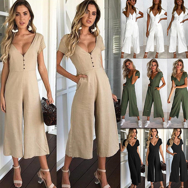 V-neck fashion casual pants button jumpsuit