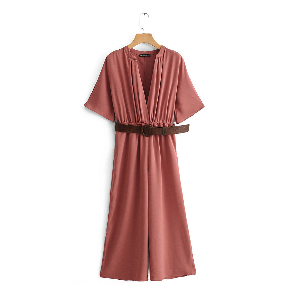 Women's Stand Collar Short Sleeve Jumpsuit with Belt