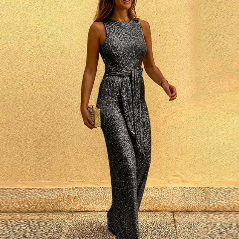 Women's Sleeveless Silver Sequin Jumpsuit