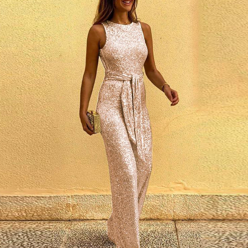 Women's Sleeveless Silver Sequin Jumpsuit