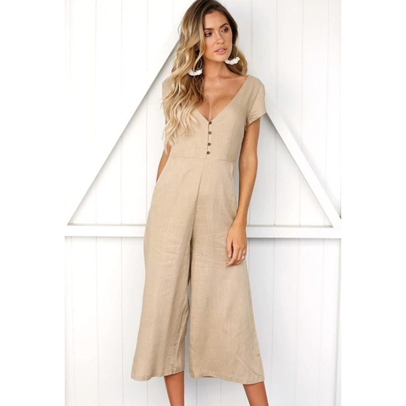 V-neck fashion casual pants button jumpsuit