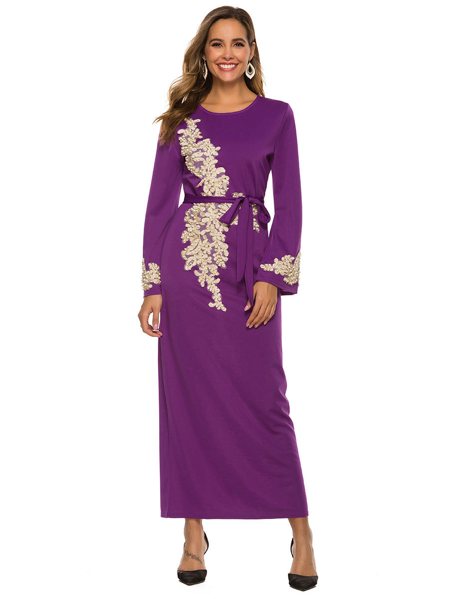Elegant Muslim Embroidered Dress with Trumpet Sleeves