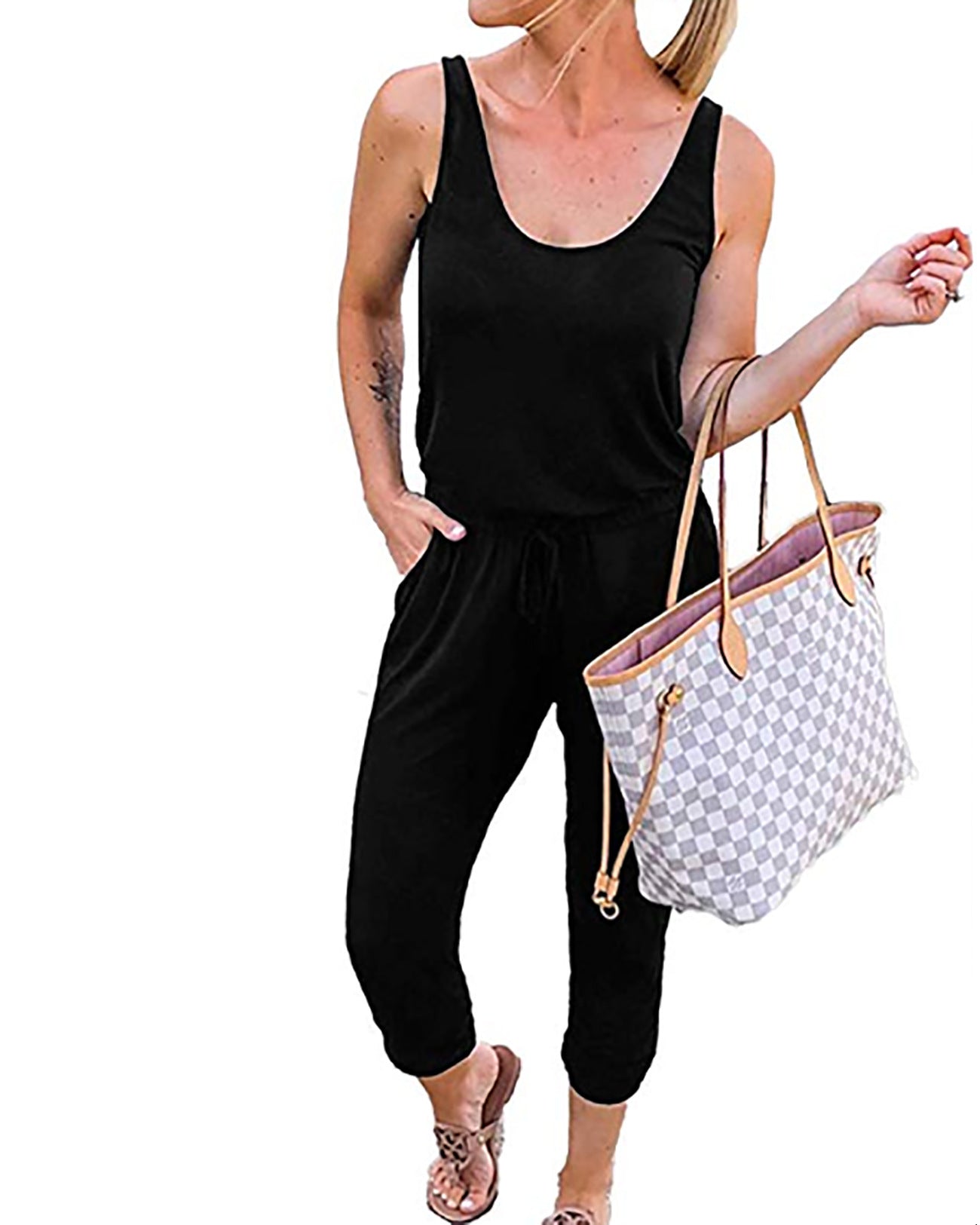 Solid Color Tie-Waist Sleeveless Jumpsuit – Casual & Chic