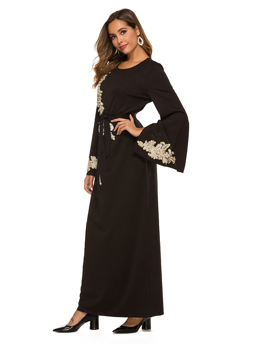 Elegant Muslim Embroidered Dress with Trumpet Sleeves