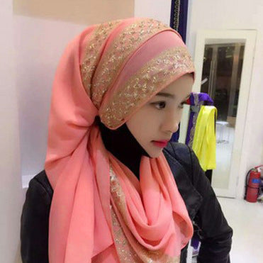 Pearl Chiffon Gold Sprinkle Hijab – Elegant Tassel Headscarf
