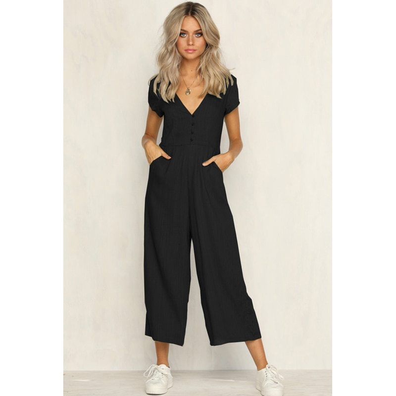 V-neck fashion casual pants button jumpsuit
