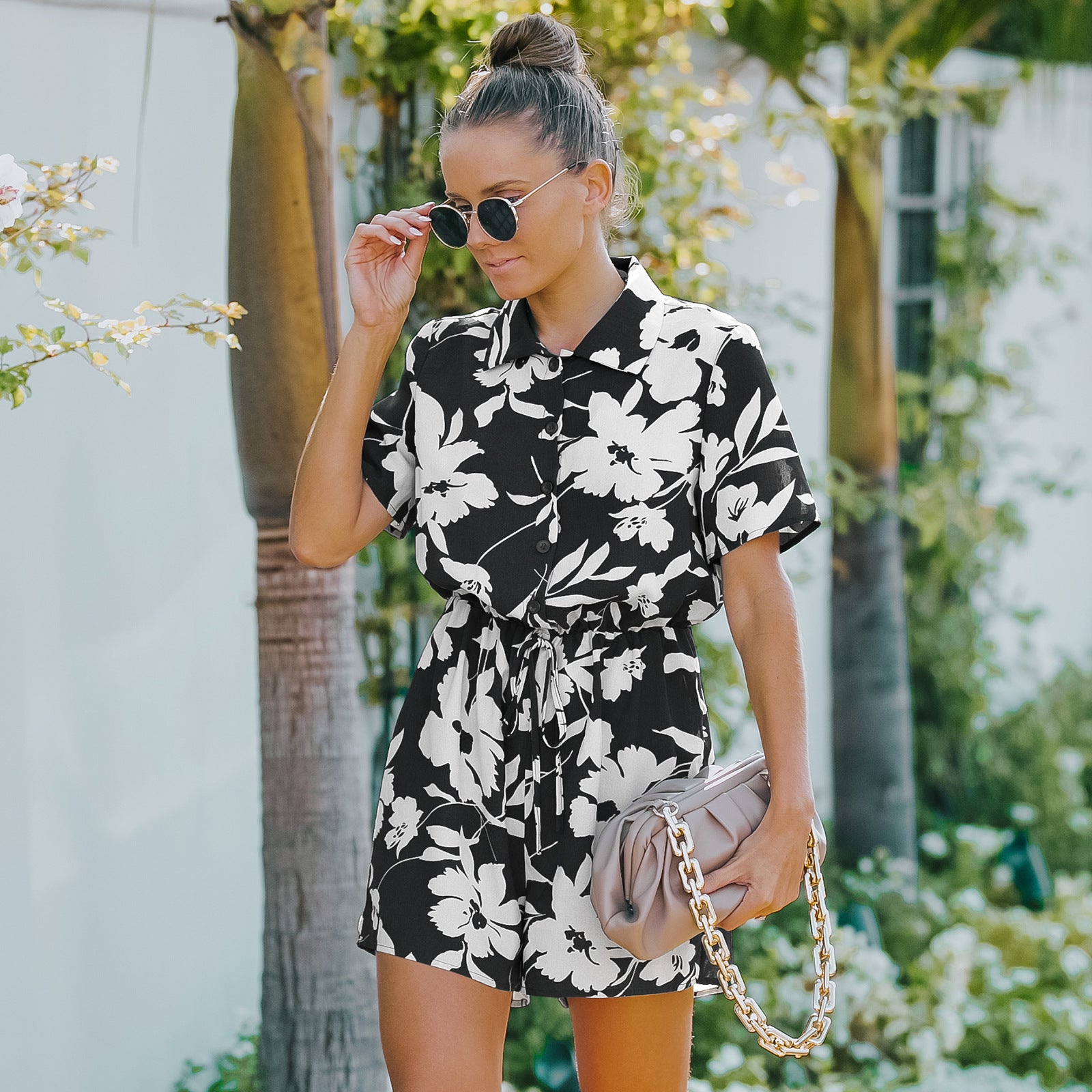 Printed Short Sleeve Jumpsuit – Loose Fit
