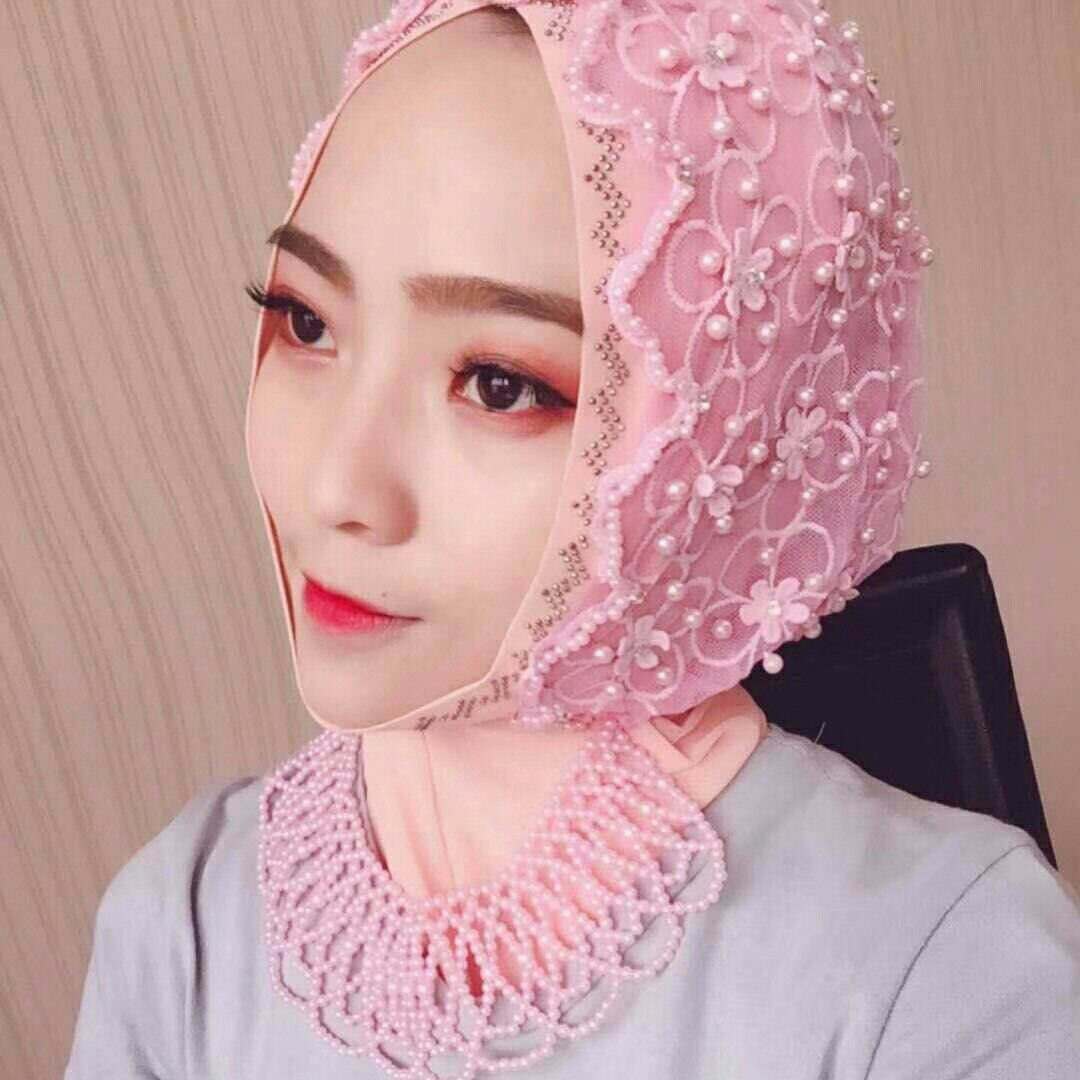 Women's Chiffon Beaded Hijab – Elegant Lace Mesh Scarf
