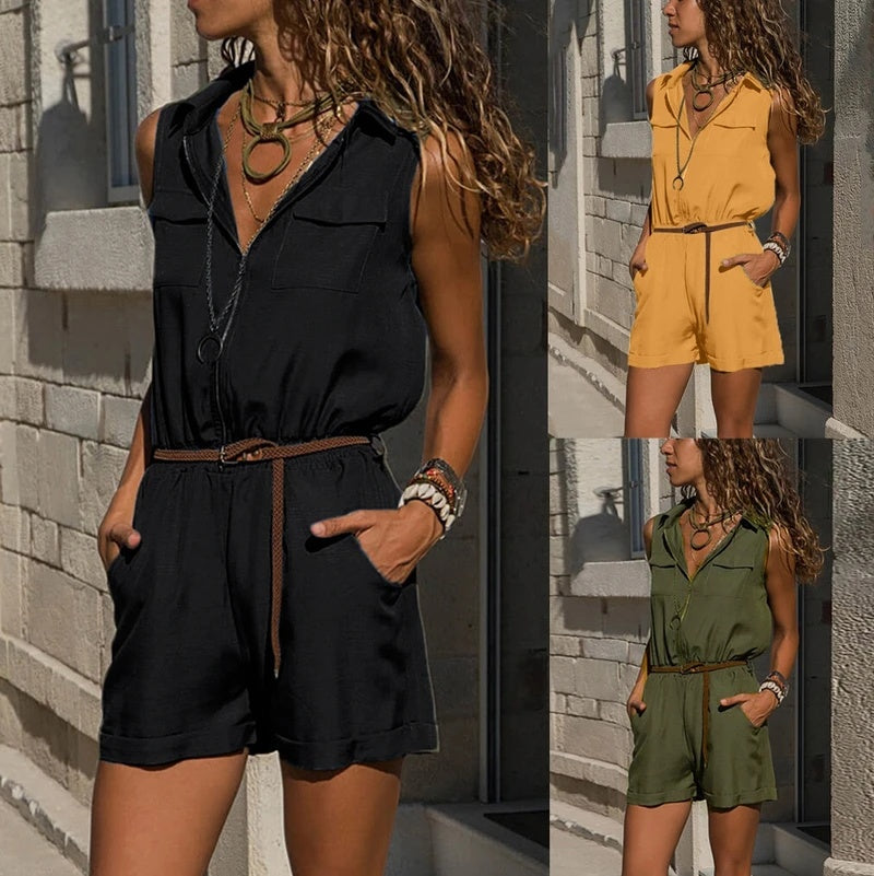 Solid Color Sleeveless Zipper Jumpsuit – Women’s Fashion