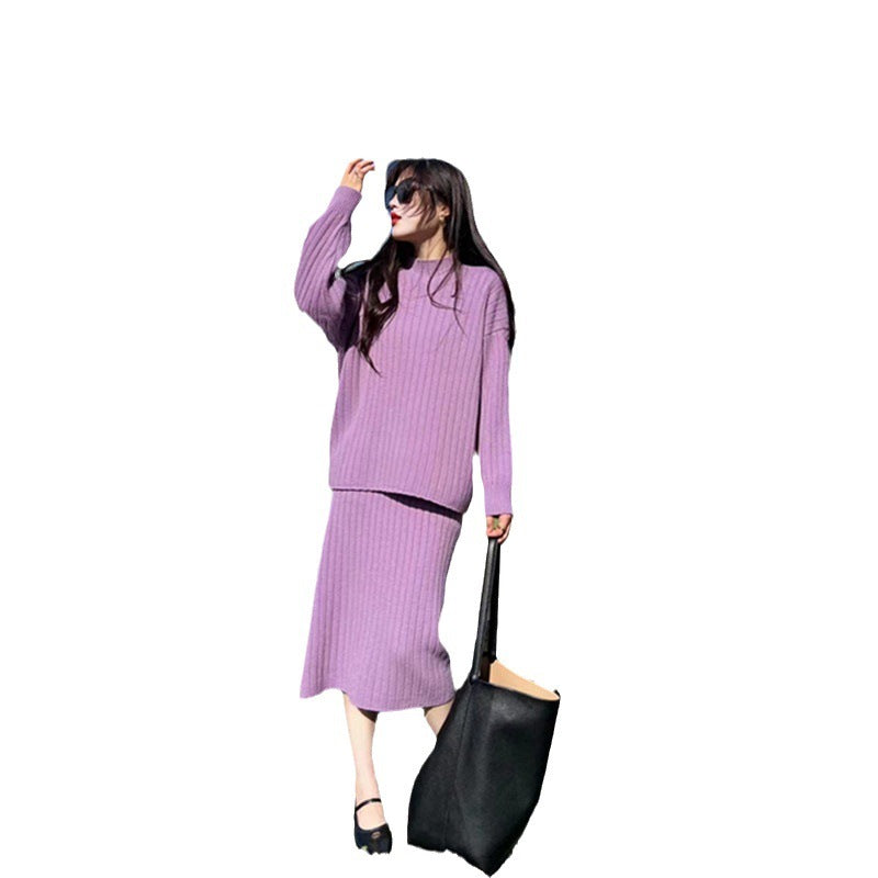 Cozy Half-Turtleneck Sweater Dress – Loose Fit, Sunken Stripes