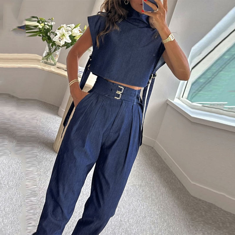 Elegant Turtleneck Suit – Belted, Short Sleeve & Long Trousers