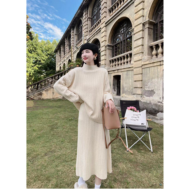 Cozy Half-Turtleneck Sweater Dress – Loose Fit, Sunken Stripes