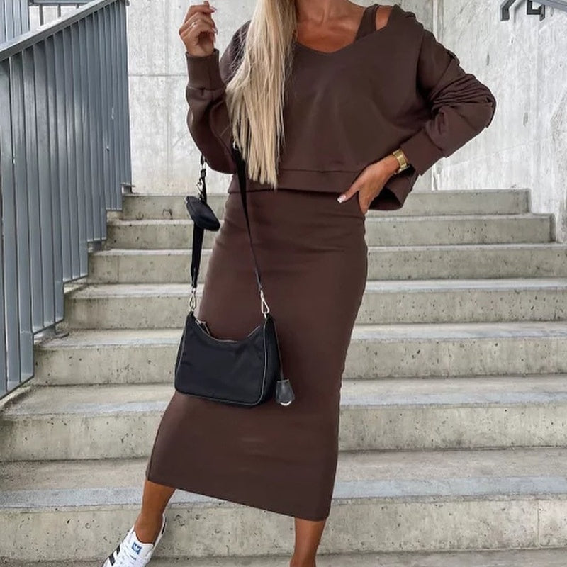 V-Neck Vest Dress & Hooded Short Top – Chic British Style