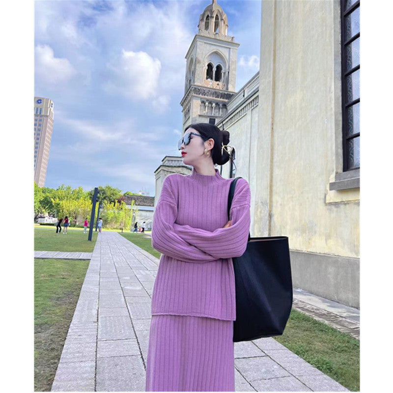 Cozy Half-Turtleneck Sweater Dress – Loose Fit, Sunken Stripes