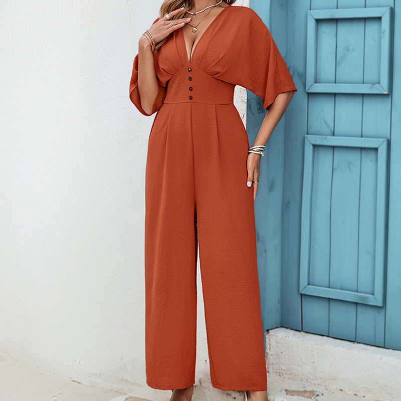 Women's Short Sleeve Casual Jumpsuit – Solid Color