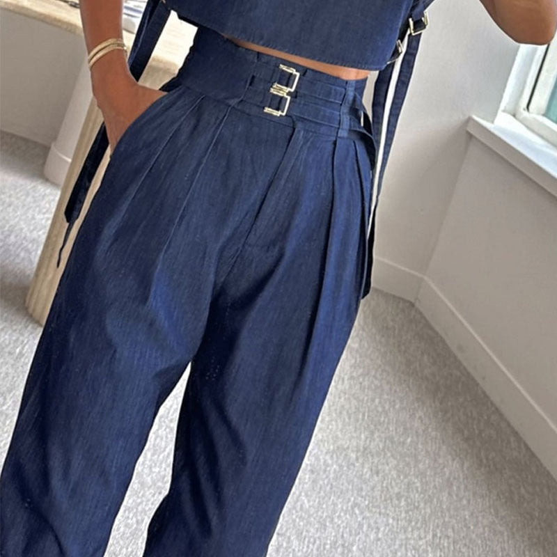 Elegant Turtleneck Suit – Belted, Short Sleeve & Long Trousers
