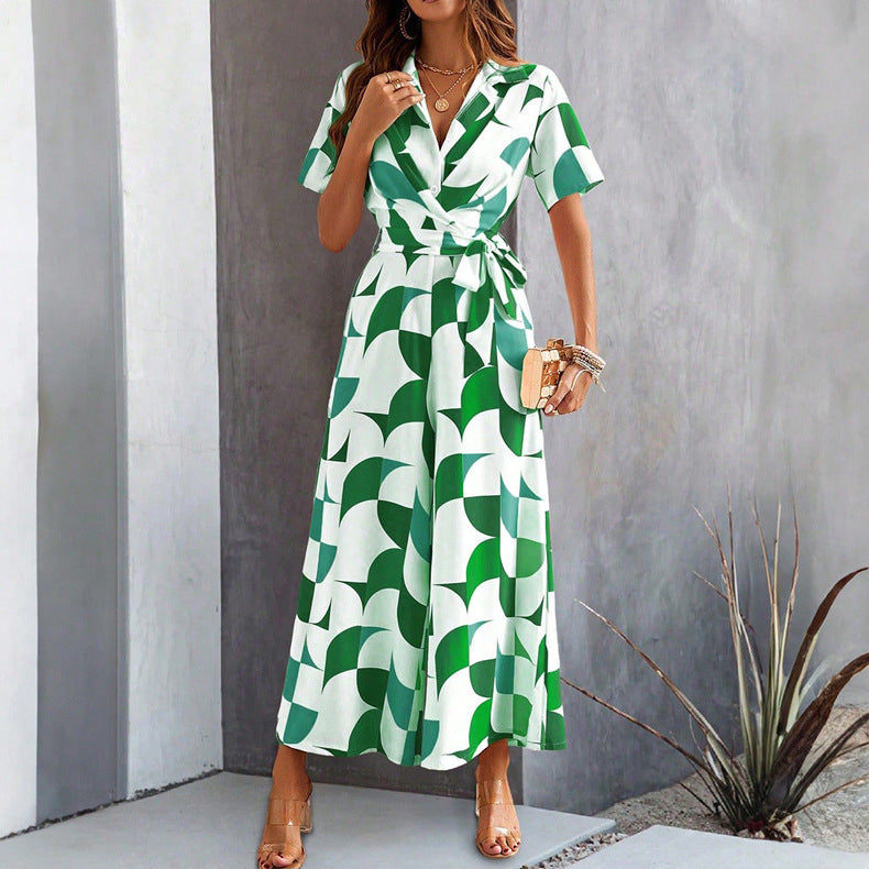 Women's Printed Color Contrast High-Waist Jumpsuit
