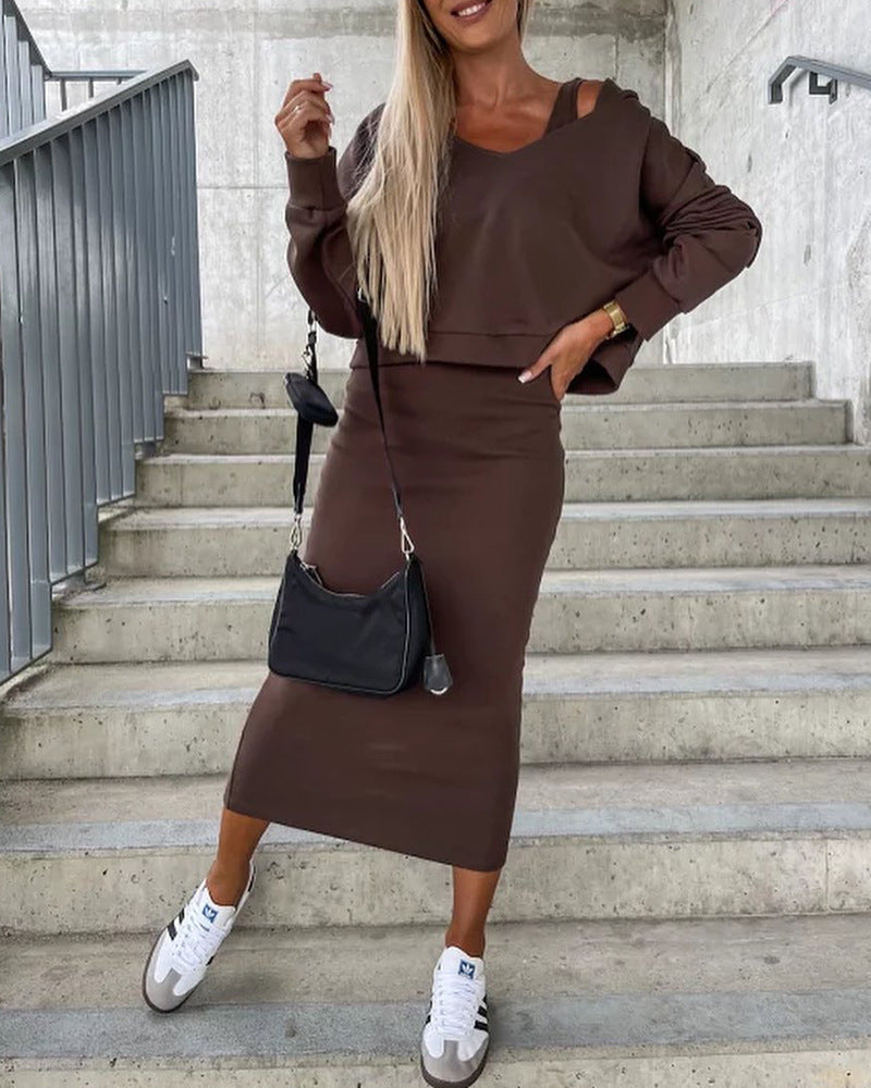 V-Neck Vest Dress & Hooded Short Top – Chic British Style
