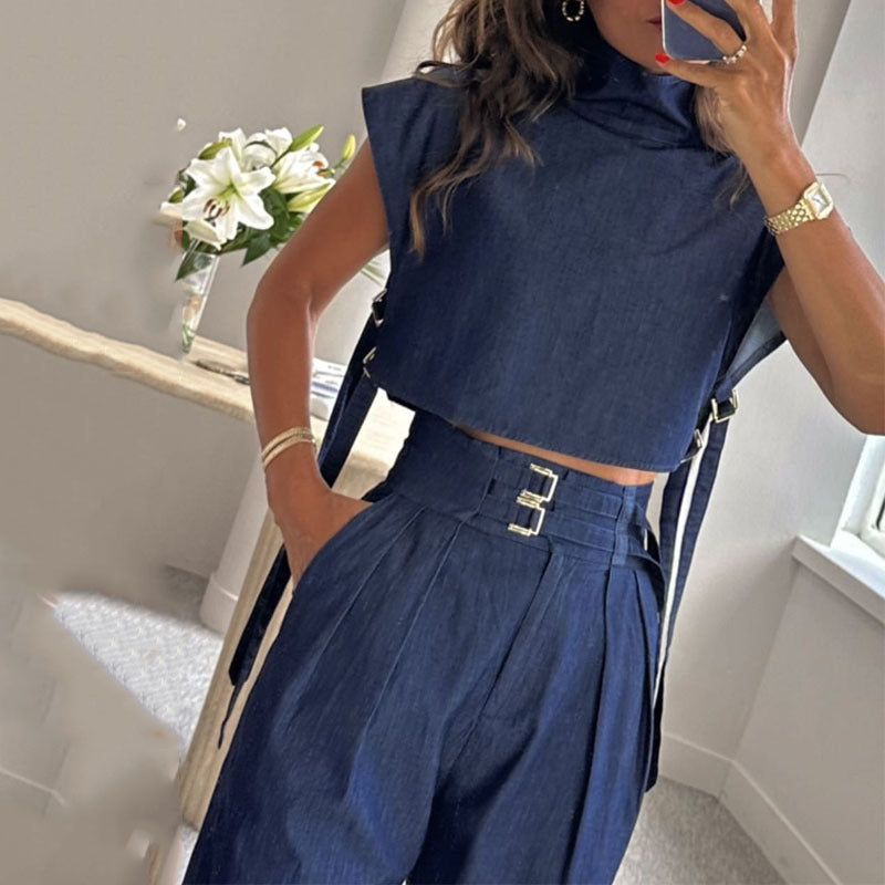 Elegant Turtleneck Suit – Belted, Short Sleeve & Long Trousers